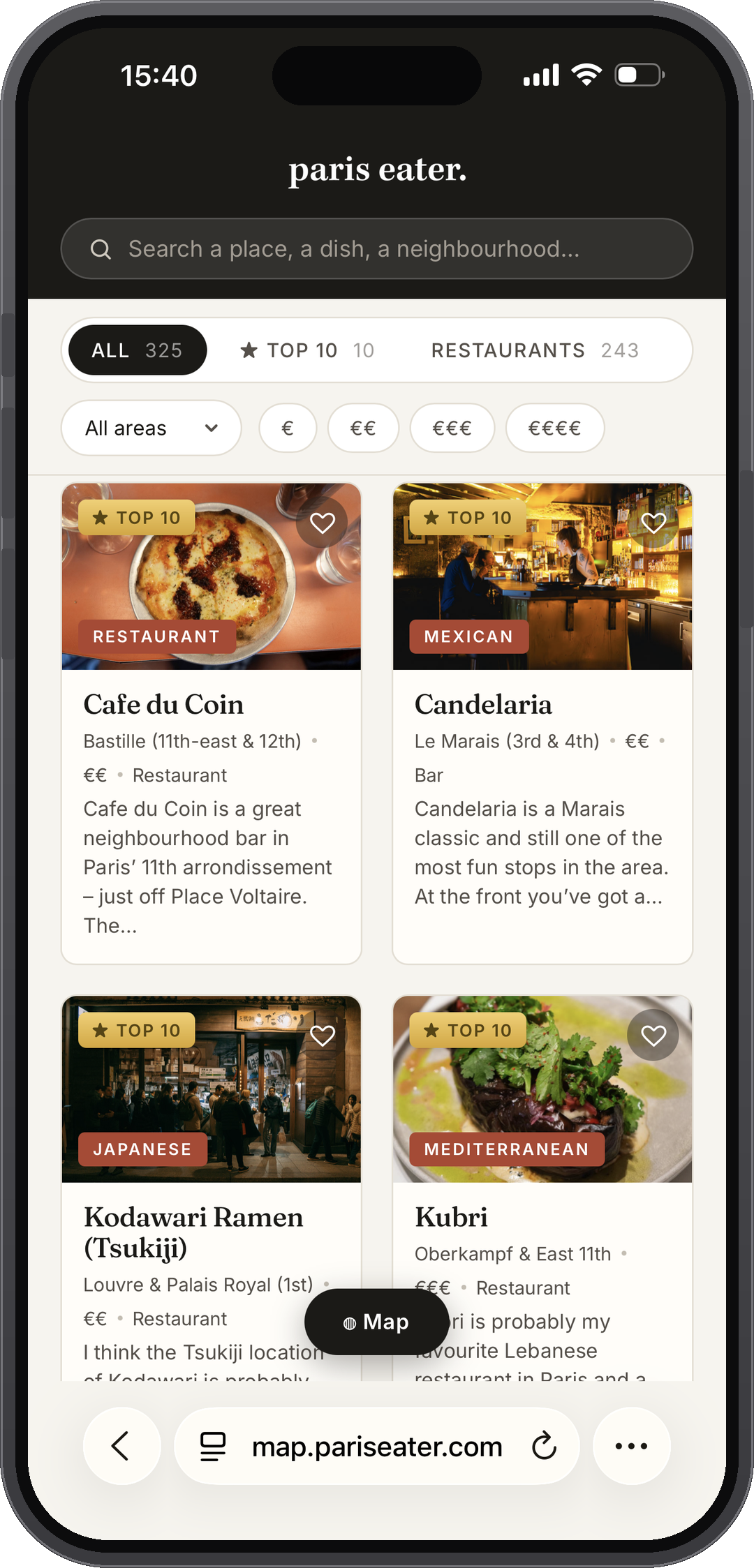 The Paris Eater map on an iPhone